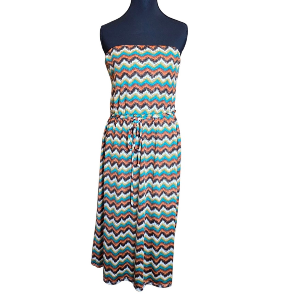 Maurice Strapless Maxi Dress Chevron Stripe Print Sleeveless String Belt‎ Size M